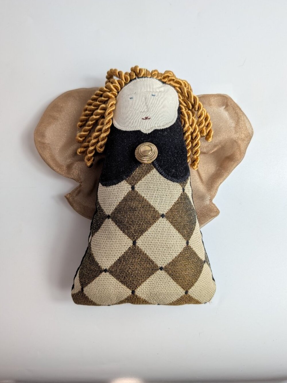 2002 Woof & Poof Plush Angel Door Hanger Ornament Brown Gold Harlequin Pattern